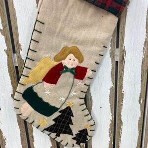 Vintage Christmas Stocking Country Angel Folk Art 3-D Type Appliqué Tan Felt